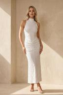 High Neck Beaded Midi Dress in White - SHE IS ME