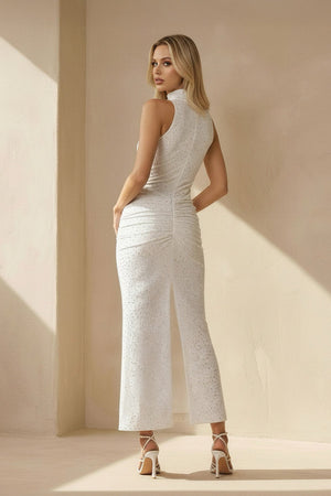 High Neck Beaded Midi Dress in White - SHE IS ME