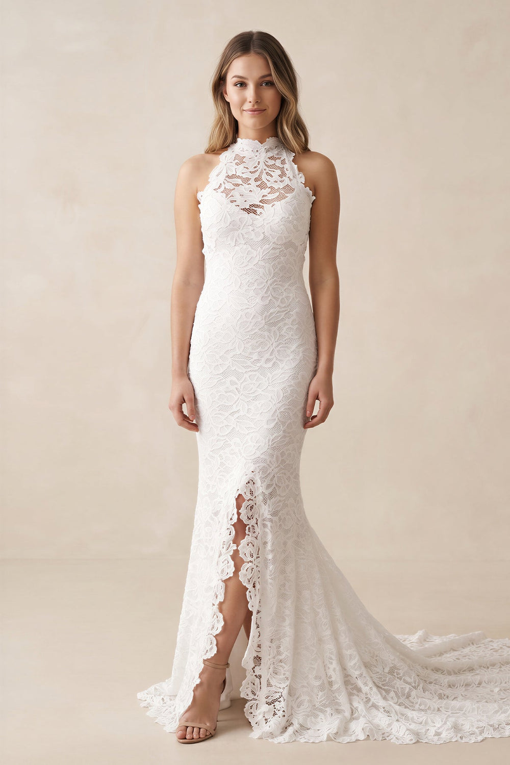 High Neck Lace Mermaid Appliqued Wedding Dress With Slit in White - SHE IS ME Wedding Dresses