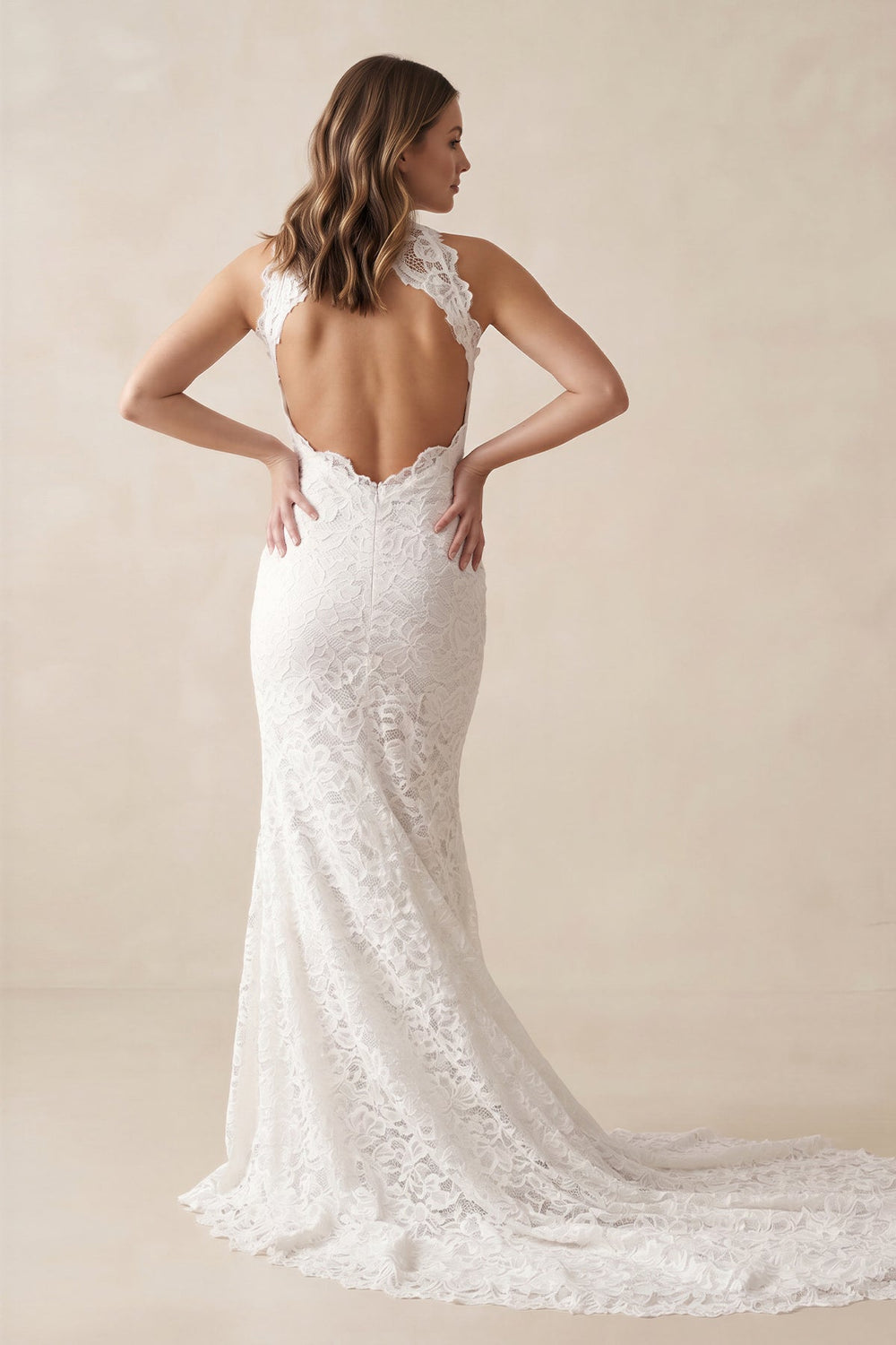 High Neck Lace Mermaid Appliqued Wedding Dress With Slit in White - SHE IS ME Wedding Dresses