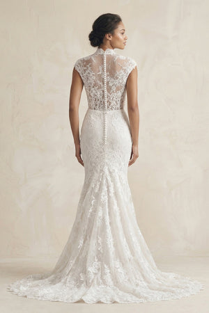 High - Neck Lace Mermaid Cap Sleeve Wedding Dress in White - SHE IS ME Wedding Dresses