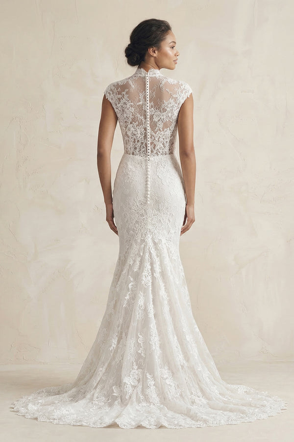 High - Neck Lace Mermaid Cap Sleeve Wedding Dress in White - SHE IS ME Wedding Dresses