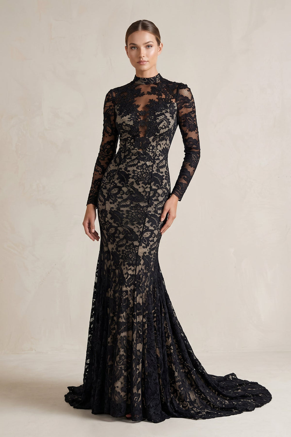High - Neck Lace Mermaid Wedding Dress With Sleeves in Black - SHE IS ME Wedding Dresses