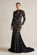 High - Neck Lace Mermaid Wedding Dress With Sleeves in Black - SHE IS ME Wedding Dresses