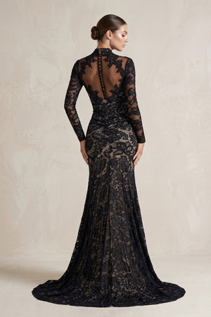High - Neck Lace Mermaid Wedding Dress With Sleeves in Black - SHE IS ME Wedding Dresses