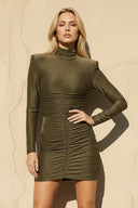 High Neck Long Sleeves Mini Dress in Olive - SHE IS ME