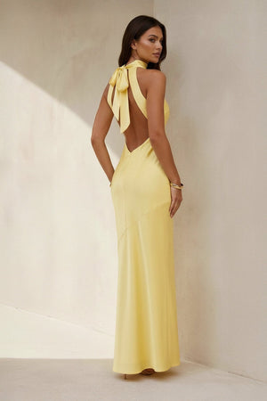 High Neck Maxi Dress with Bowknot in Yellow - SHE IS ME