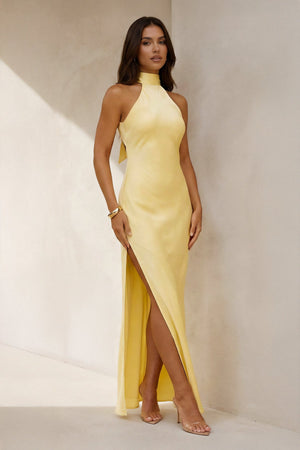 High Neck Maxi Dress with Bowknot in Yellow - SHE IS ME
