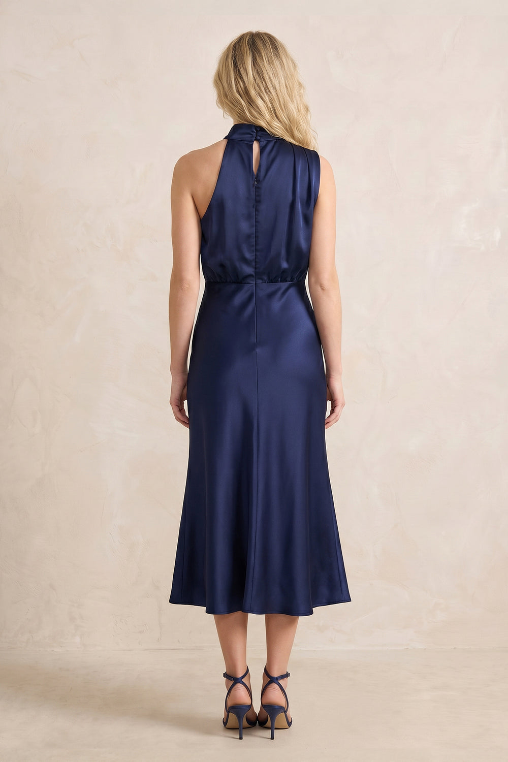 High Neck Satin Mermaid Midi Dress in Dark Navy– SHE IS ME Dresses