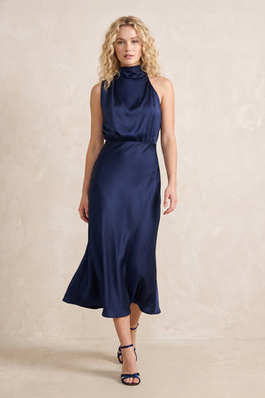 High Neck Satin Mermaid Midi Dress in Dark Navy– SHE IS ME Dresses