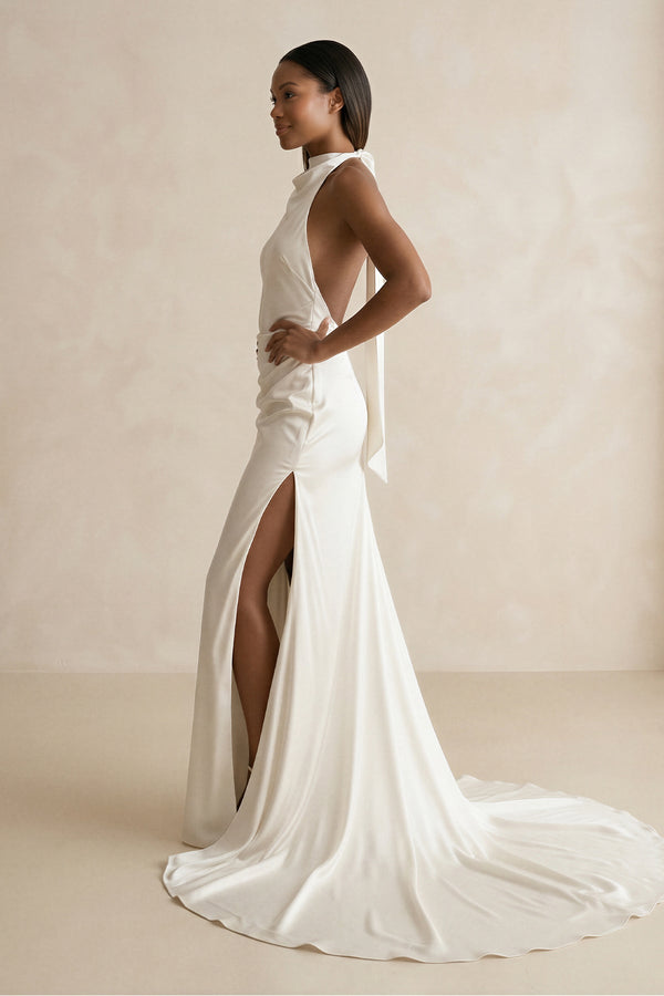High - Neck Satin Mermaid Wedding Dress with Slit in Ivory - SHE IS ME Wedding Dresses