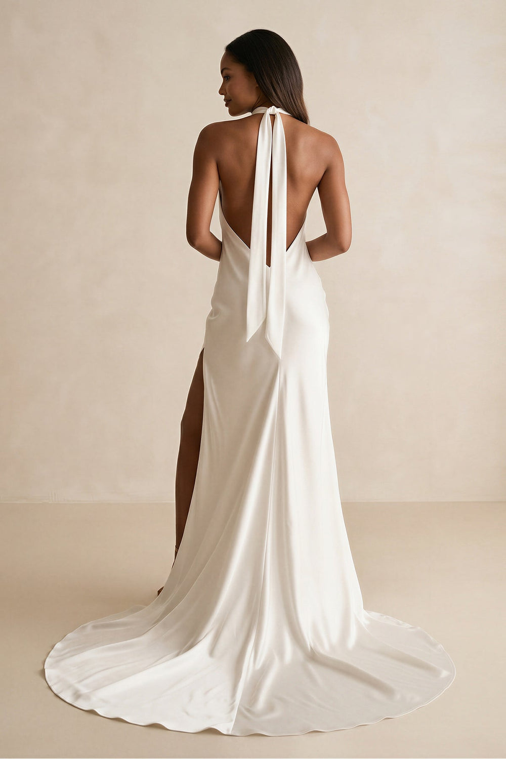 High - Neck Satin Mermaid Wedding Dress with Slit in Ivory - SHE IS ME Wedding Dresses