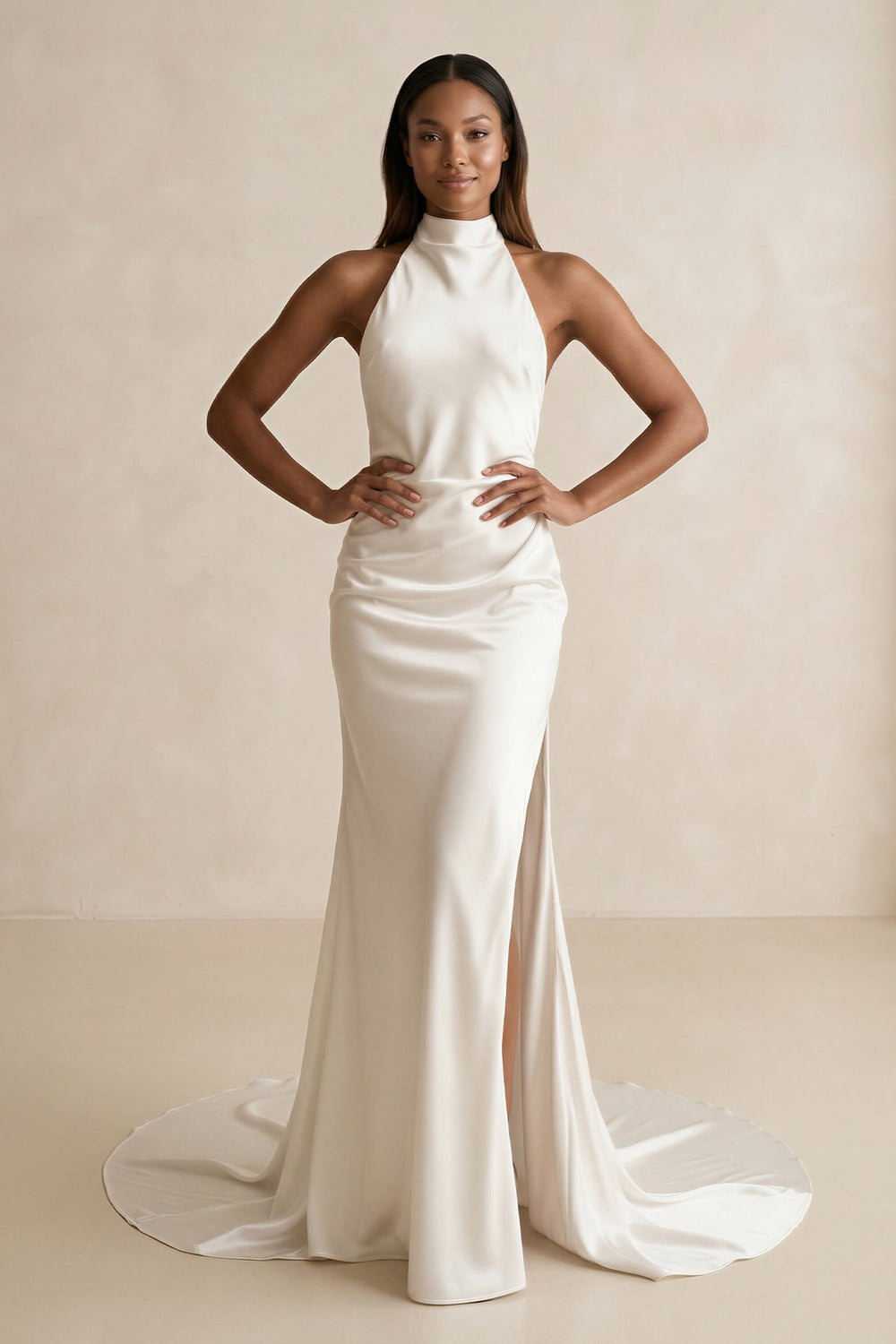 High - Neck Satin Mermaid Wedding Dress with Slit in Ivory - SHE IS ME Wedding Dresses