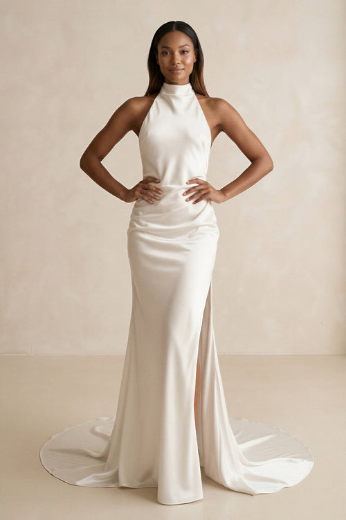 High - Neck Satin Mermaid Wedding Dress with Slit in Ivory - SHE IS ME Wedding Dresses