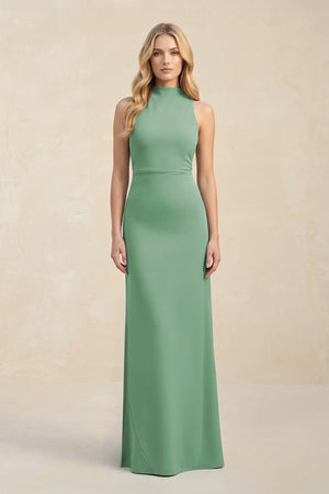 High Neck Sheath Chiffon Bridesmaid Dress With Slit in Sea Glass - SHE IS ME Bridesmaid Dresses