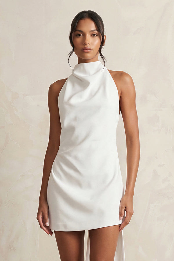 High - Neck Sheath Crepe Mini Wedding Dress in White - SHE IS ME Wedding Dresses