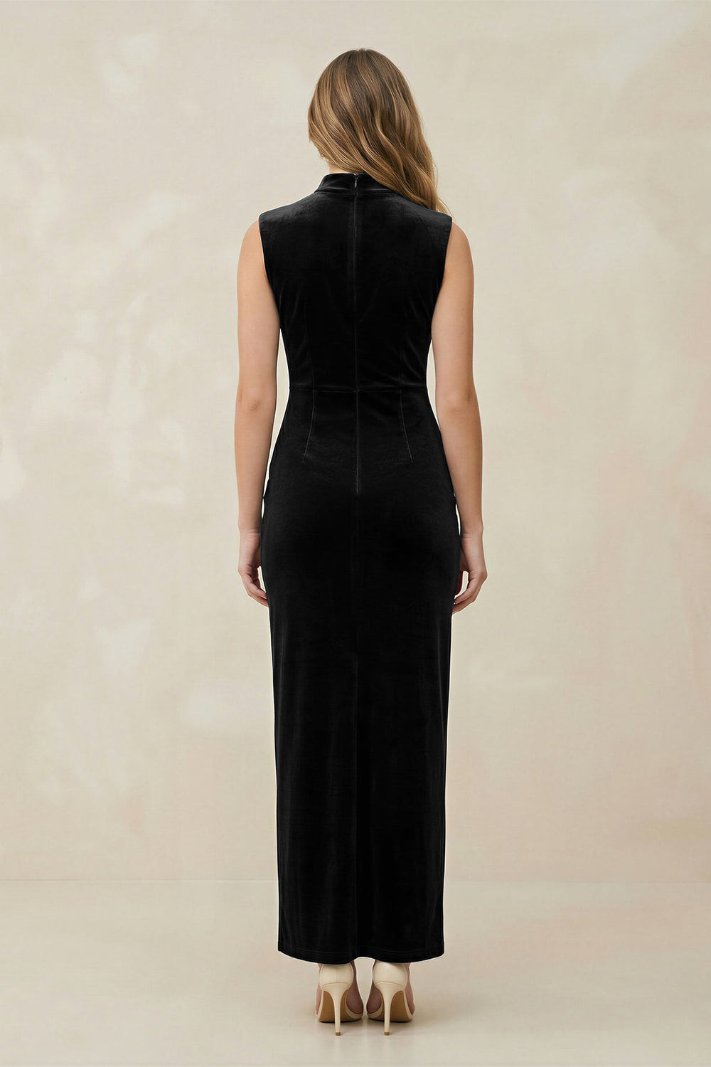 High Neck Sheath Velvet Bridesmaid Dress With Slit in Black - SHE IS ME Bridesmaid Dresses