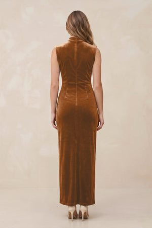 High Neck Sheath Velvet Bridesmaid Dress With Slit in Brown - SHE IS ME Bridesmaid Dresses