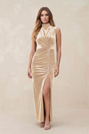 High Neck Sheath Velvet Bridesmaid Dress With Slit in Champagne - SHE IS ME Bridesmaid Dresses