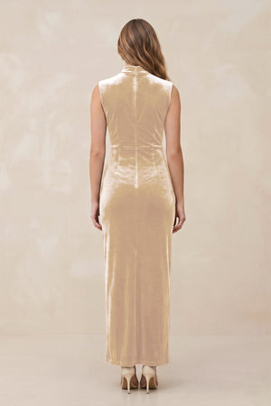 High Neck Sheath Velvet Bridesmaid Dress With Slit in Champagne - SHE IS ME Bridesmaid Dresses