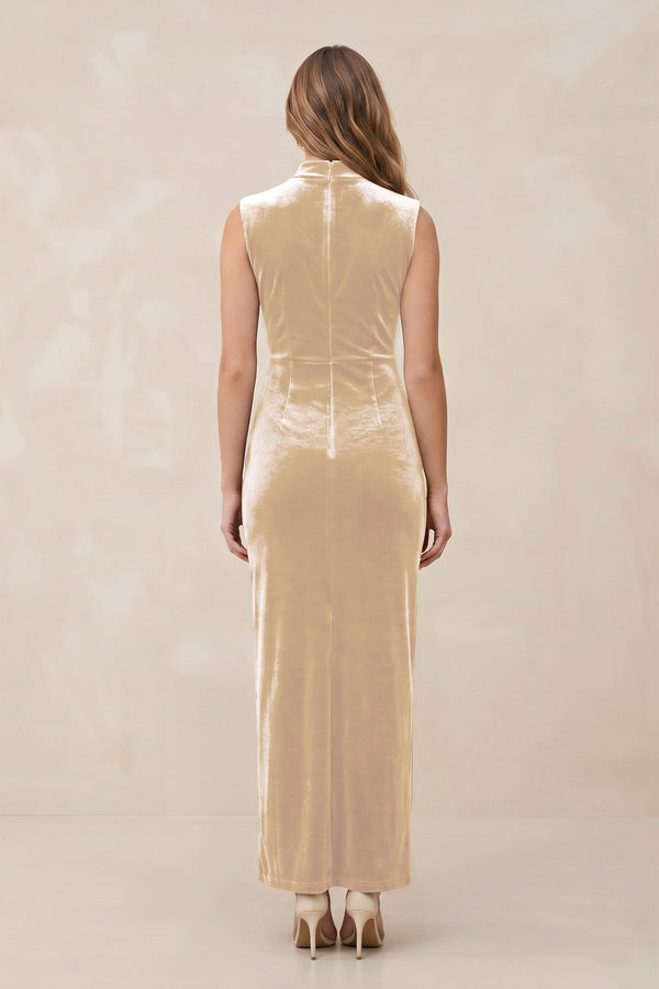 High Neck Sheath Velvet Bridesmaid Dress With Slit in Champagne - SHE IS ME Bridesmaid Dresses