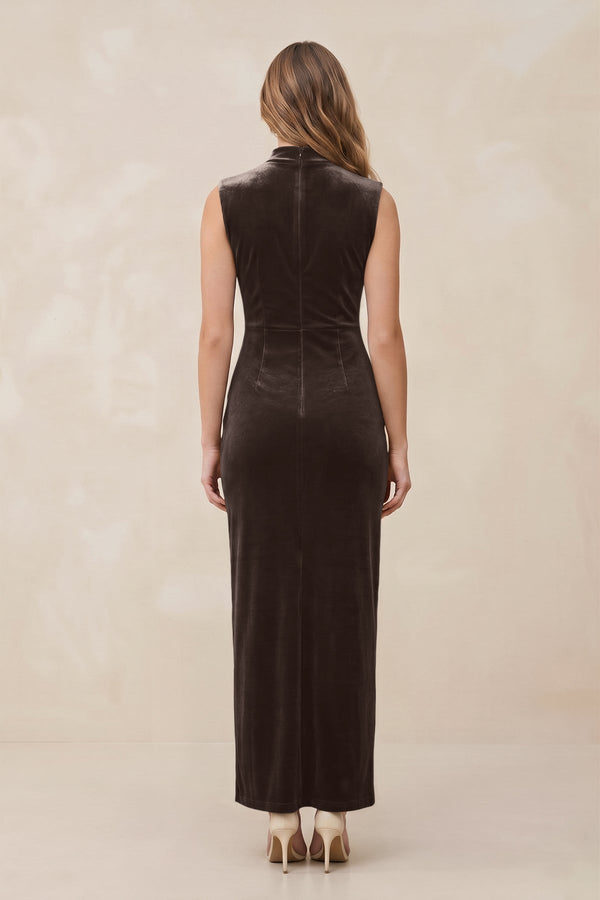 High Neck Sheath Velvet Bridesmaid Dress With Slit in Chocolate - SHE IS ME Bridesmaid Dresses