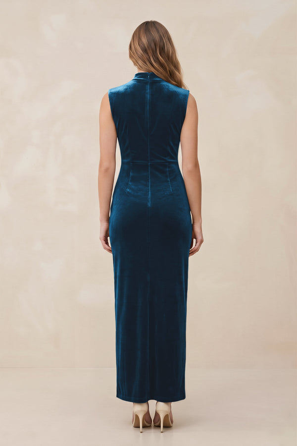 High Neck Sheath Velvet Bridesmaid Dress With Slit in Dark Teal - SHE IS ME Bridesmaid Dresses