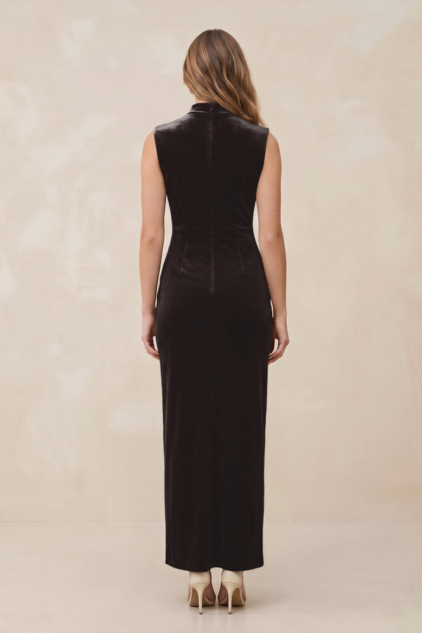 High Neck Sheath Velvet Bridesmaid Dress With Slit in Espresso - SHE IS ME Bridesmaid Dresses