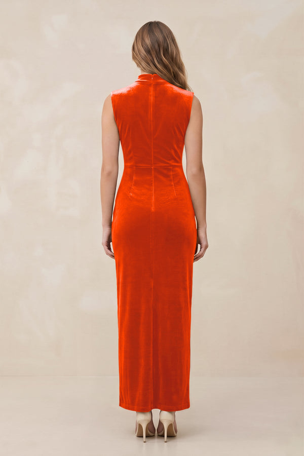 High Neck Sheath Velvet Bridesmaid Dress With Slit in Orange - SHE IS ME Bridesmaid Dresses