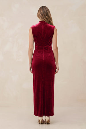 High Neck Sheath Velvet Bridesmaid Dress With Slit in Ruby Red - SHE IS ME Bridesmaid Dresses