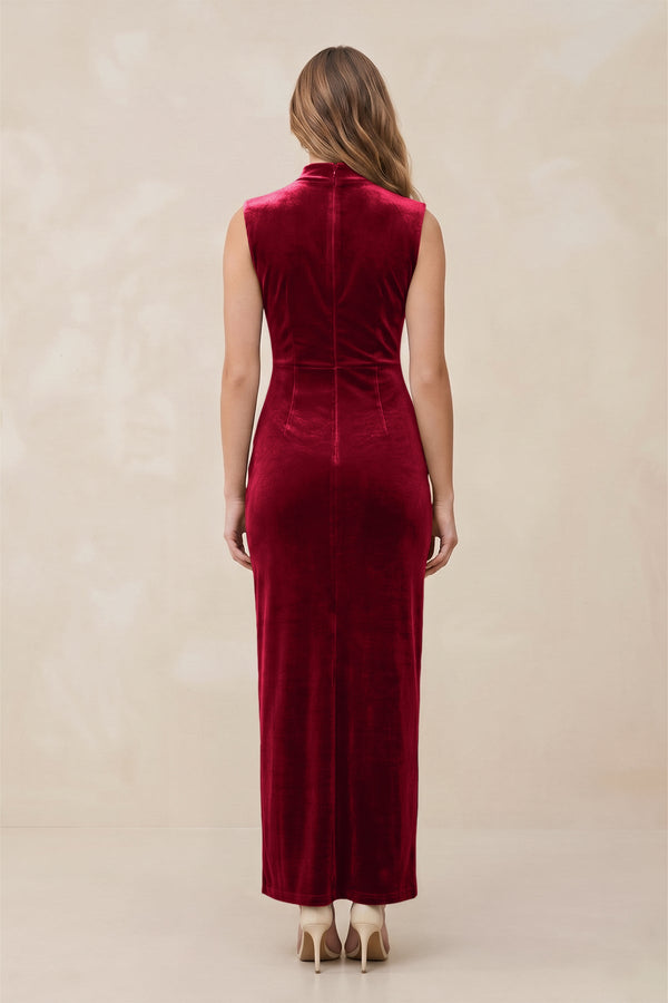 High Neck Sheath Velvet Bridesmaid Dress With Slit in Ruby Red - SHE IS ME Bridesmaid Dresses