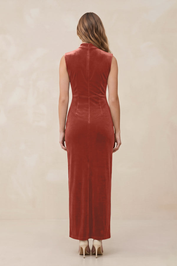 High Neck Sheath Velvet Bridesmaid Dress With Slit in Terracotta - SHE IS ME Bridesmaid Dresses