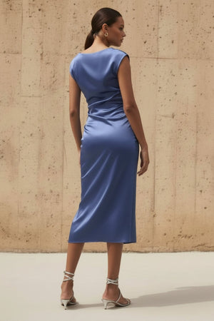 High - Neck Stretch Satin Midi Dress in Steel Blue - SHE IS ME