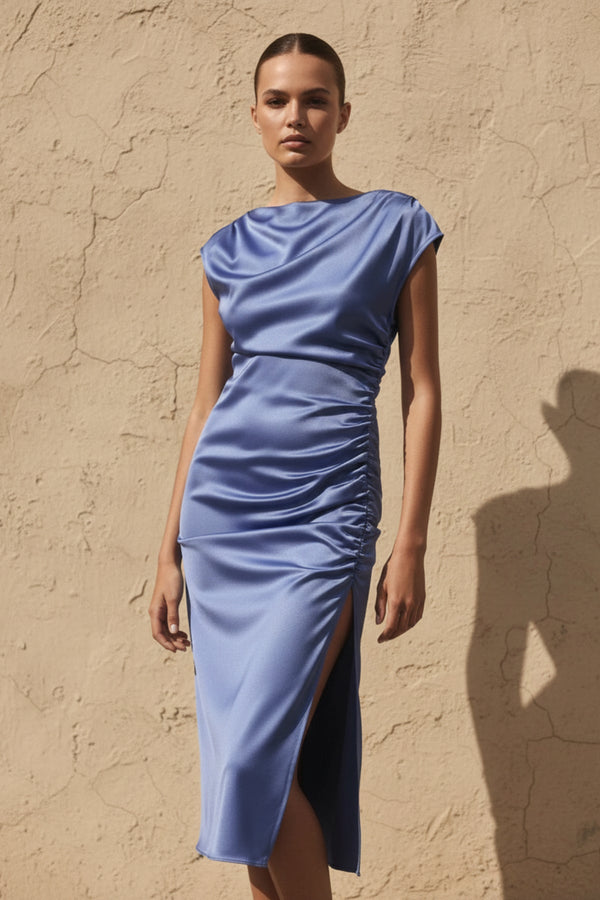 High - Neck Stretch Satin Midi Dress in Steel Blue - SHE IS ME