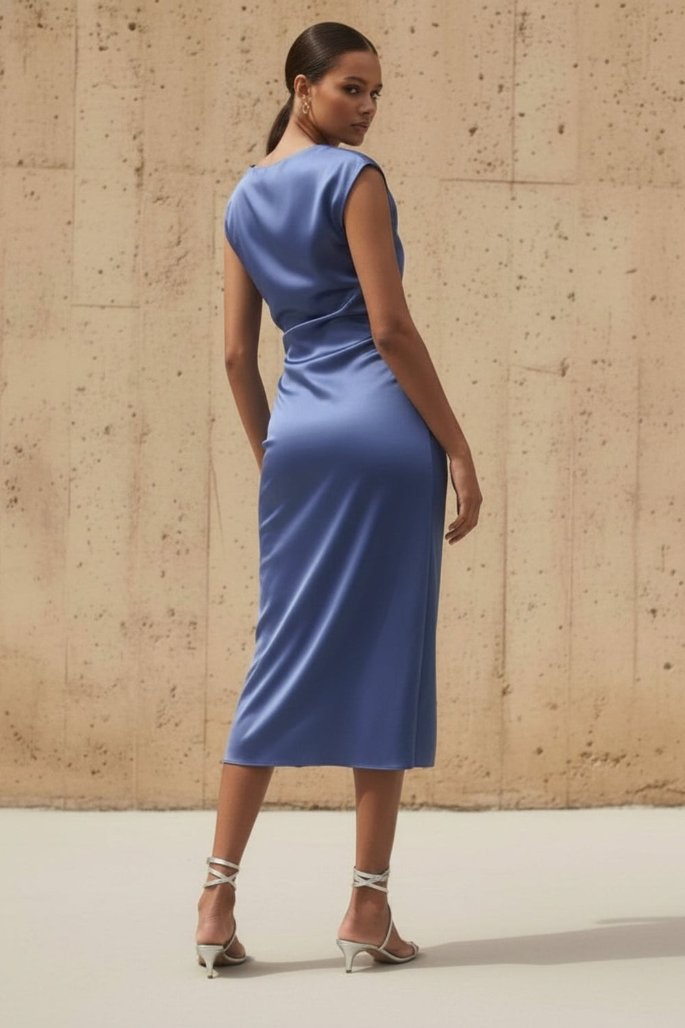 High - Neck Stretch Satin Midi Dress in Steel Blue - SHE IS ME