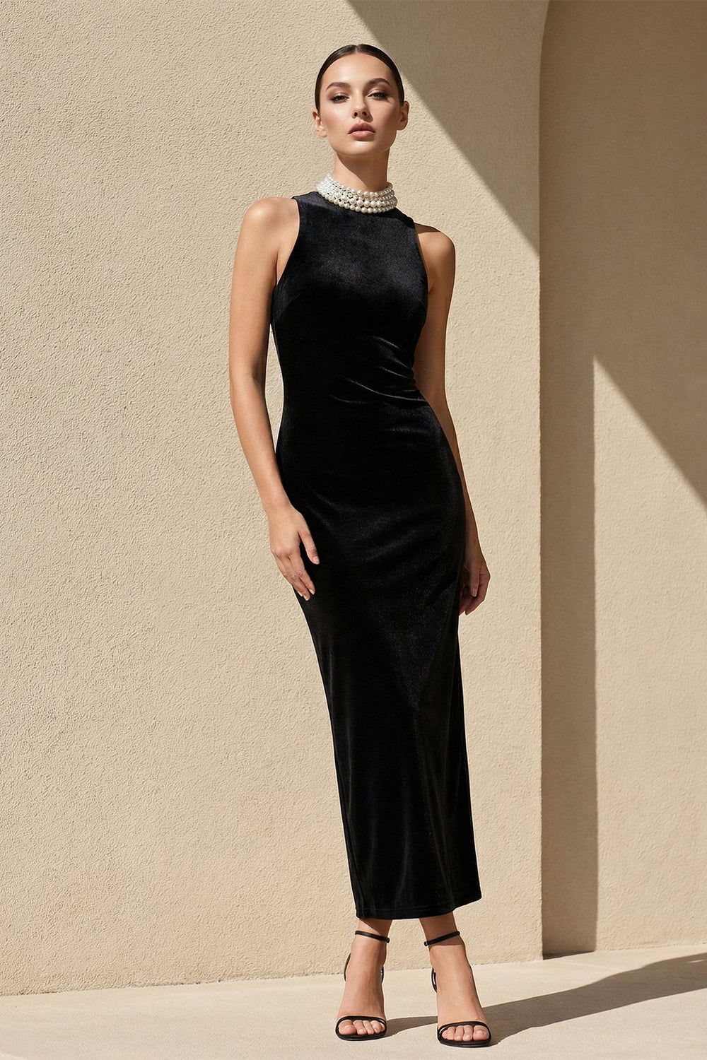 High Neck Velvet Midi Dress With Pearls in Black - SHE IS ME PROM DRESSES