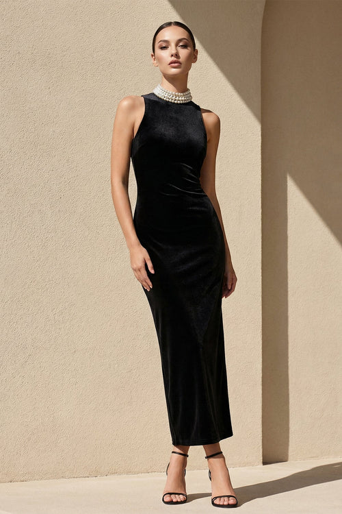 High Neck Velvet Midi Dress With Pearls in Black - SHE IS ME