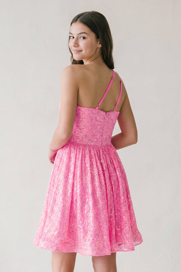 Hot Pink A-Line One Shoulder Sequins Homecoming Dress | SHEISME