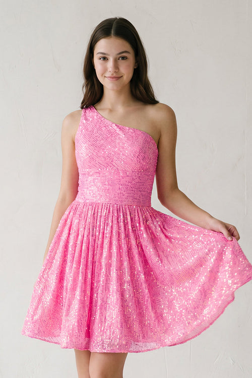 Hot Pink A-Line One Shoulder Sequins Homecoming Dress | SHEISME