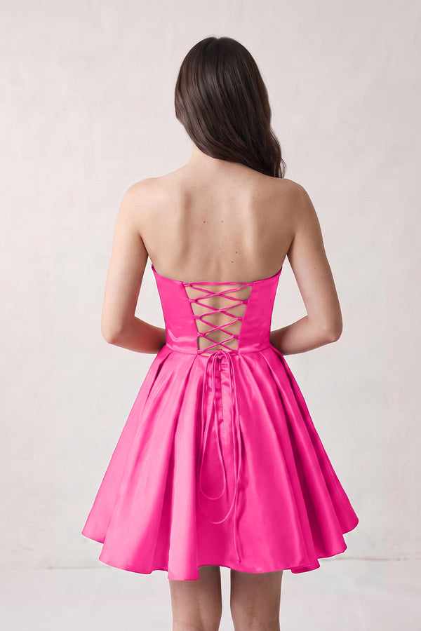 Hot Pink A Line Strapless Satin Homecoming Dress (2) | SHEISME