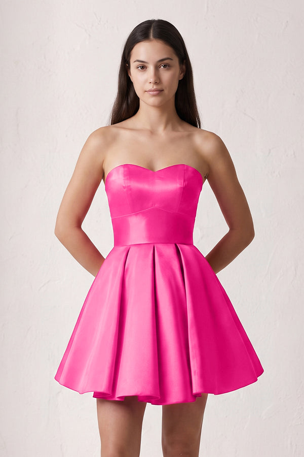 Hot Pink A Line Strapless Satin Homecoming Dress | SHEISME