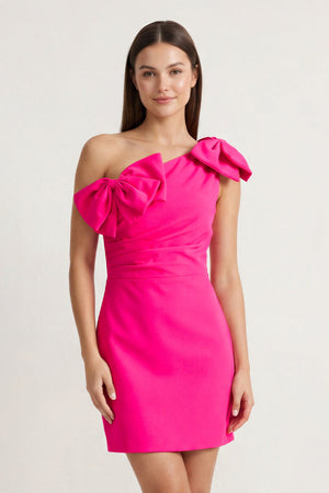 Hot Pink One Shoulder Sheath Homecoming Dress with Bows - SHEISME