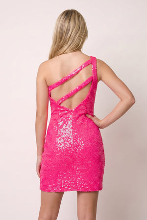 Hot Pink Sparkly Bodycon One Shoulder Sequins Mini Party Dresses with Keyhole (2) | SHEISME
