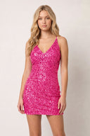 Hot Pink Sparkly Spagehetti Straps Sequins Open Back Mini Party Dresses | SHEISME