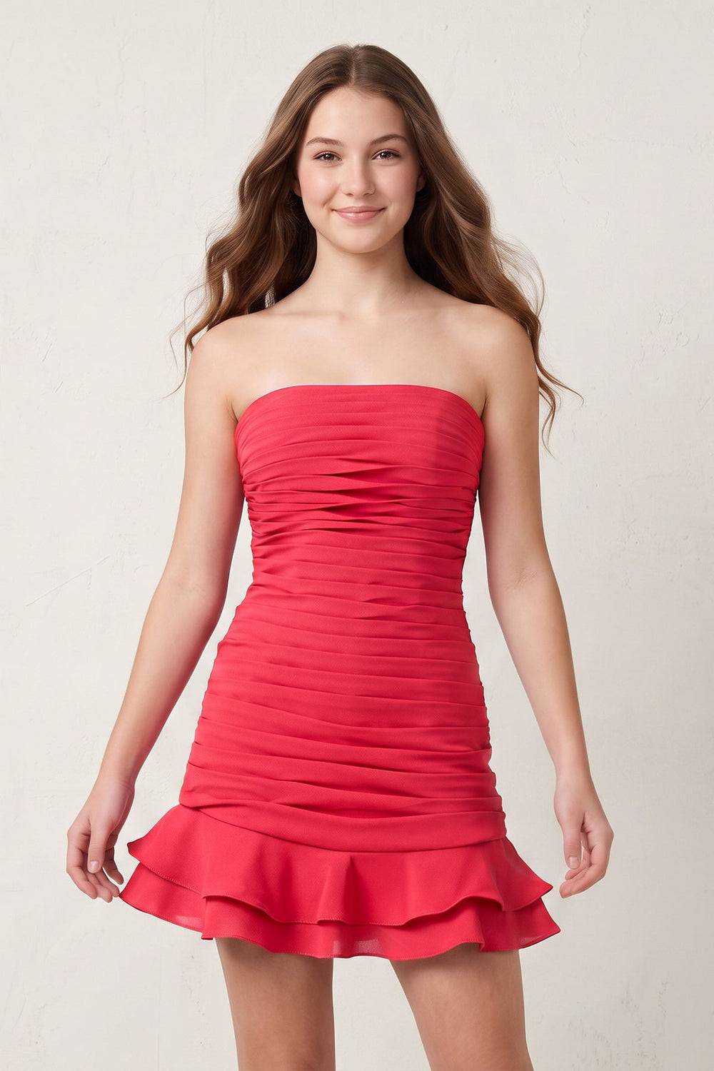 Hot Pink Strapless Bodycon Spandex Ruffles Short Homecoming Dresses