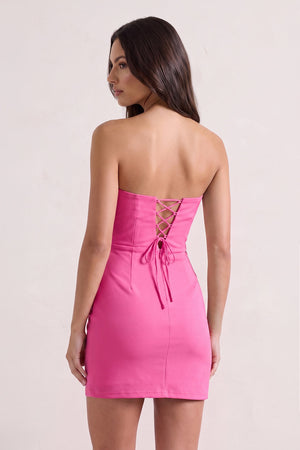 Hot Pink Strapless Corset Bodycon Short Satin Homecoming Dress (2) | SHEISME