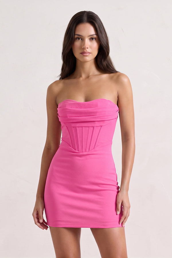 Hot Pink Strapless Corset Bodycon Short Satin Homecoming Dress | SHEISME