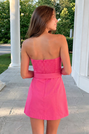 Hot Pink Strapless Sheath Satin Homecoming Dress with Belt (2) | SHEISME
