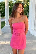 Hot Pink Strapless Sheath Satin Homecoming Dress with Belt | SHEISME