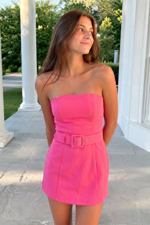 Hot Pink Strapless Sheath Satin Homecoming Dress with Belt | SHEISME